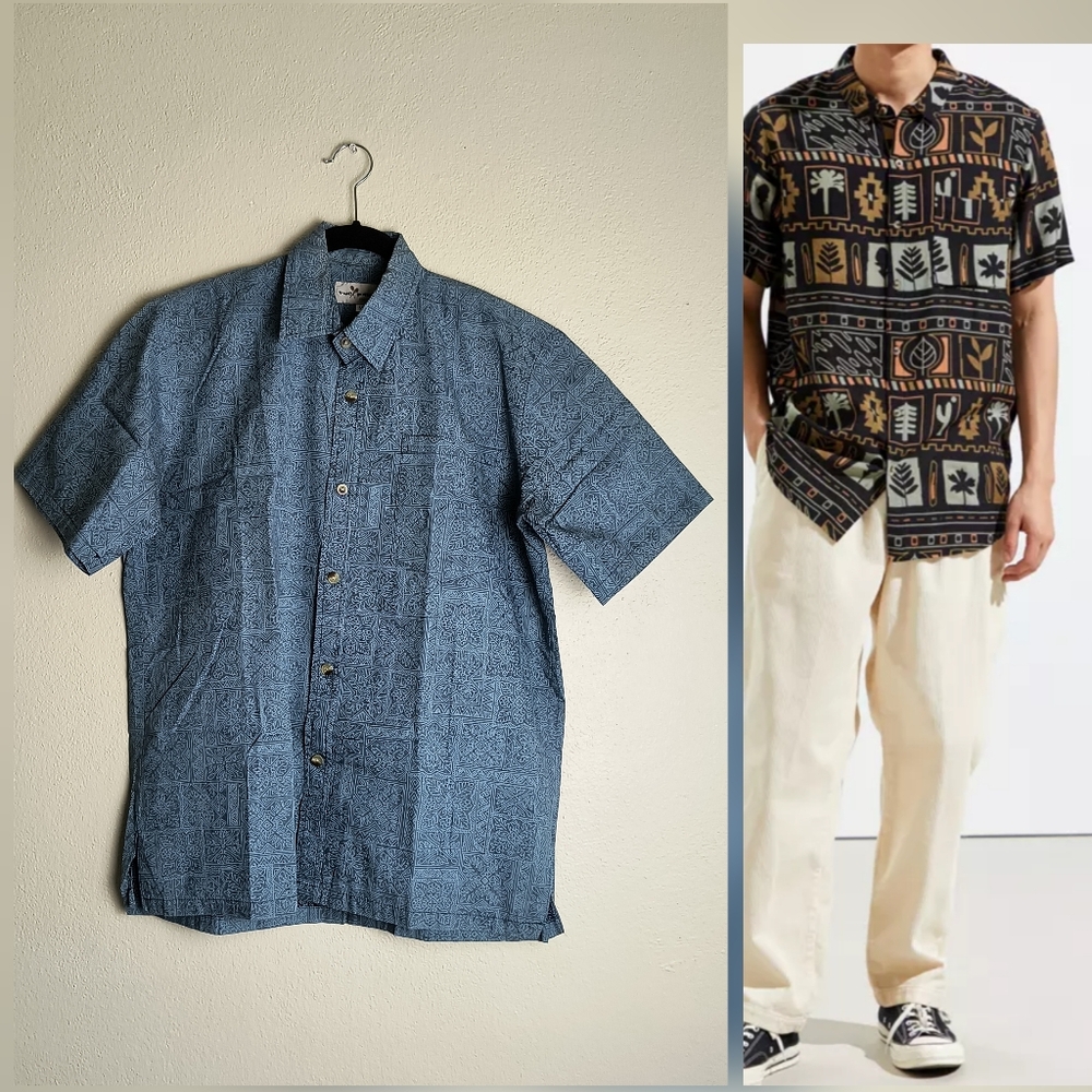 Two Paddles Hawaiian Men's Shirt Button Down Size M Light Blue Geo Cruise Summer